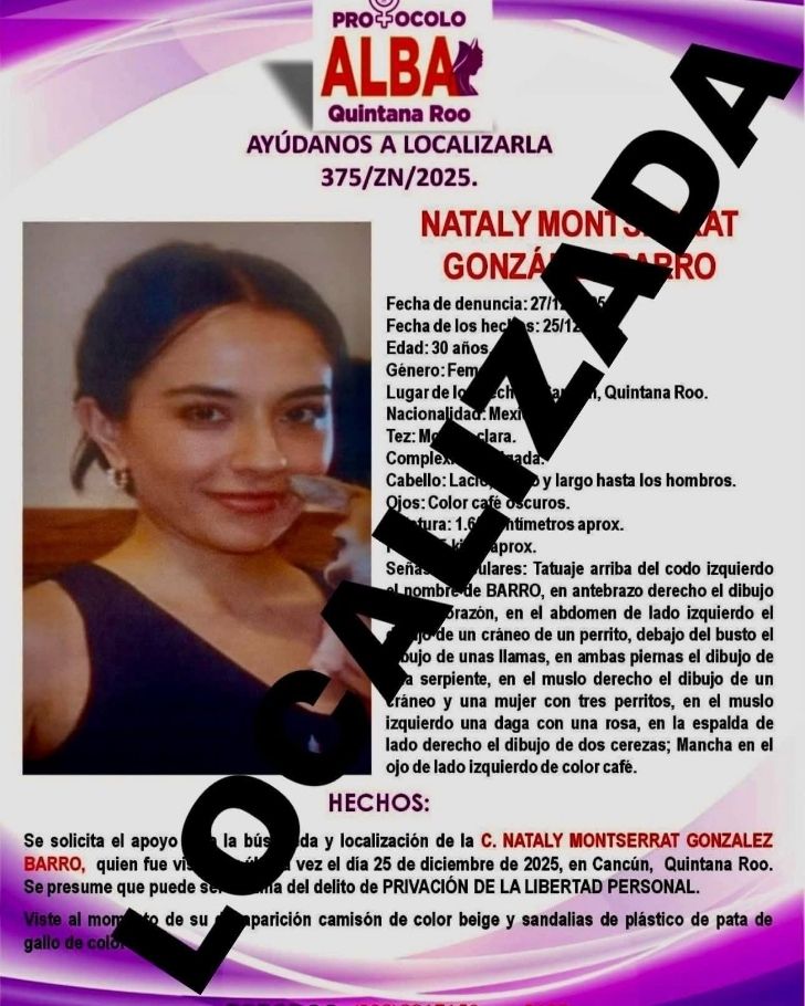 La joven, de 30 años, había sido reportada como desaparecida desde el 25 de diciembre en el fraccionamiento Jardines del Sur, en Cancún, Quintana Roo